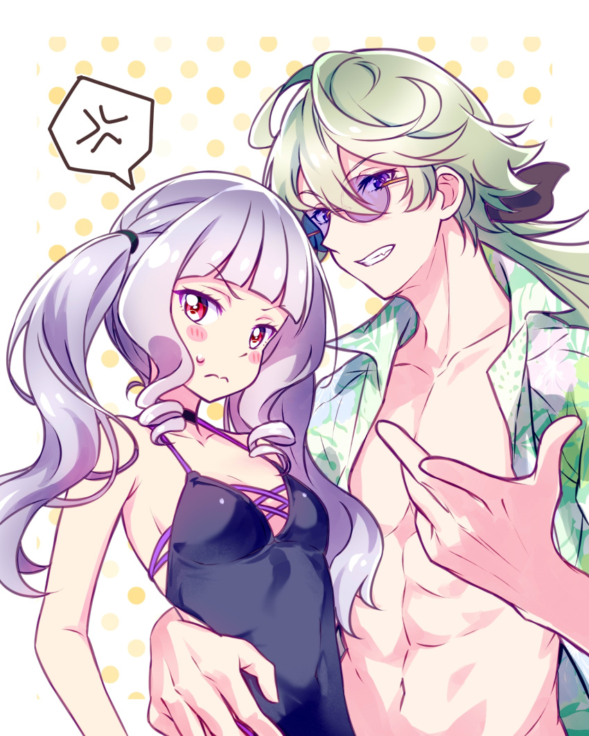 1boy 1girl anger_vein black_bow black_choker black_one-piece_swimsuit blush bow breasts casual_one-piece_swimsuit choker cleavage collarbone collared_shirt couple delicious_party_precure dress_shirt floating_hair frown green_hair grey_hair grin hair_bow hetero highres kasai_amane kyoutsuugengo long_hair low_ponytail narcistoru one-piece_swimsuit open_clothes open_shirt precure purple-tinted_eyewear purple_eyes red_eyes shirt small_breasts smile speech_bubble spoken_anger_vein sunglasses sweatdrop swimsuit tinted_eyewear twintails white_background wing_collar