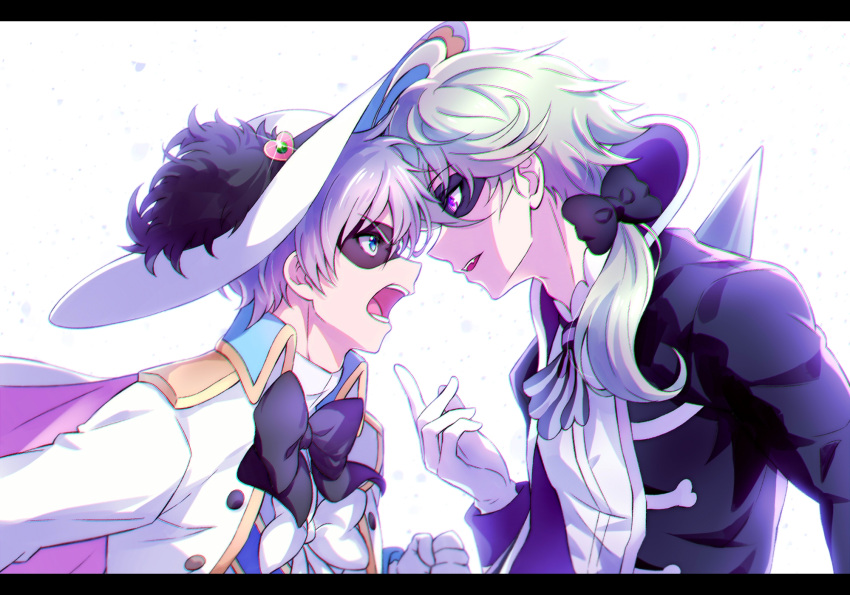2boys ascot black_border black_bow black_bowtie black_jacket black_pepper_(precure) blue_eyes border bow bowtie delicious_party_precure dress_shirt eye_contact gloves grey_hair hair_bow hair_over_shoulder highres jacket kyoutsuugengo letterboxed long_hair long_sleeves looking_at_another low_ponytail male_focus mask multiple_boys narcistoru open_clothes open_jacket precure purple_eyes shirt short_hair simple_background white_background white_gloves white_jacket white_shirt
