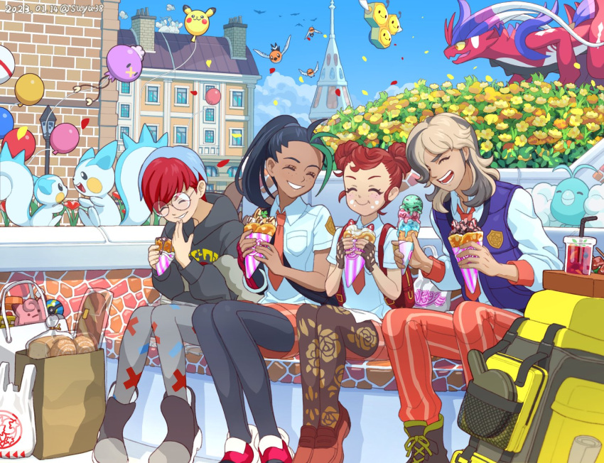 1boy 3girls ^_^ arven_(pokemon) backpack bag balloon black_hair blue_hair blue_sky blue_vest brown_hair building clefairy closed_eyes collared_shirt combee crepe dark-skinned_female dark_skin double_bun drifloon duplicate eating fletchling flower food freckles glasses hair_bun hair_over_one_eye hood hoodie juliana_(pokemon) koraidon legwear_under_shorts multicolored_hair multiple_girls naranja_academy_school_uniform necktie nemona_(pokemon) orange_necktie orange_pants orange_shorts pachirisu pants paper_bag penny_(pokemon) pikachu pokemon pokemon_(creature) pokemon_(game) pokemon_sv ponytail red_hair school_uniform shirt shorts sitting sky suyu38 swablu two-tone_hair vest yellow_flower