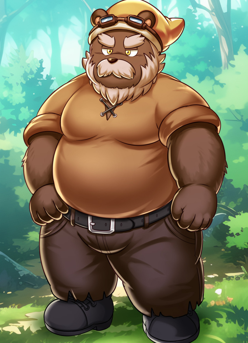 2023 anthro bear beard belly bottomwear brown_body clothing detailed_background facial_hair forest hat headgear headwear hi_res kemono lako male mammal mature_male moobs outside overweight overweight_male pants plant shirt solo topwear tree