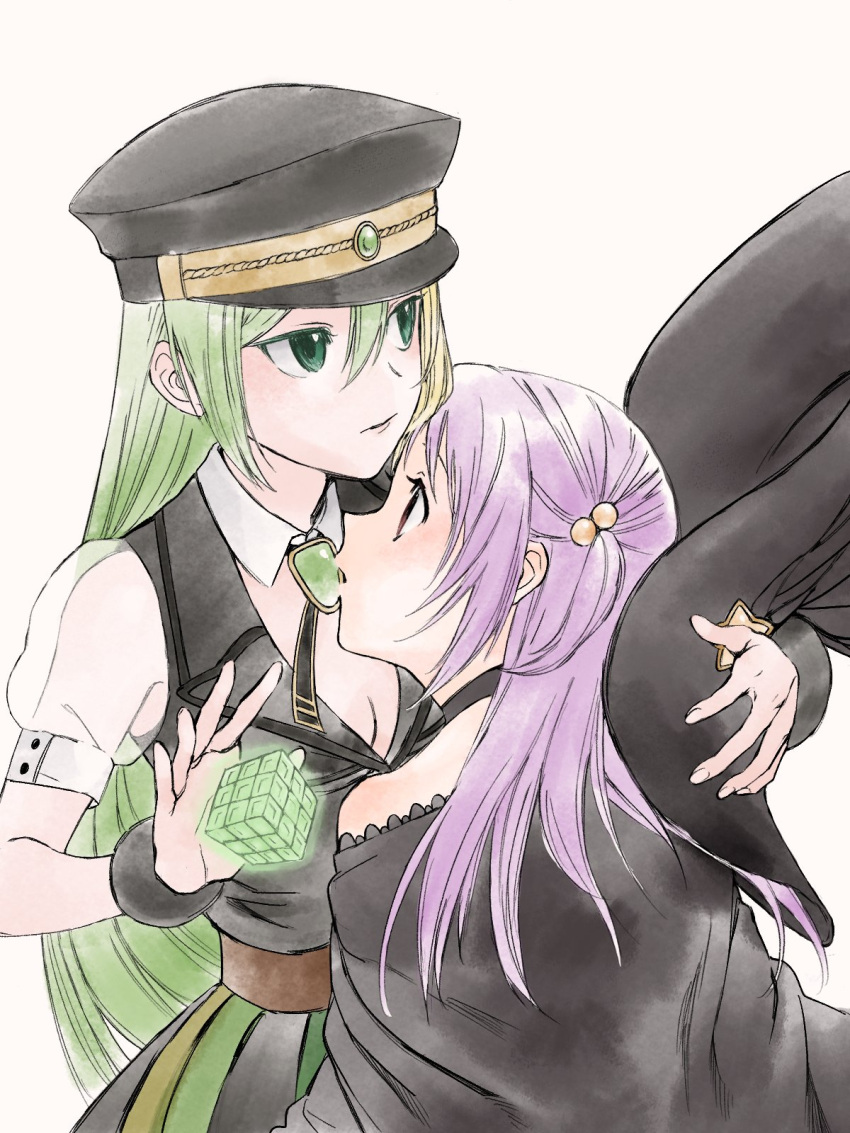 2girls alina_gray black_cape black_headwear black_vest cape collar detached_collar goo_ii green_eyes green_hair hair_between_eyes hair_bobbles hair_ornament hat hat_removed headwear_removed highres long_hair looking_at_another magia_record:_mahou_shoujo_madoka_magica_gaiden magical_girl mahou_shoujo_madoka_magica misono_karin multiple_girls open_mouth peaked_cap puffy_short_sleeves puffy_sleeves purple_hair short_sleeves simple_background two_side_up v-neck vest white_background white_collar witch_hat
