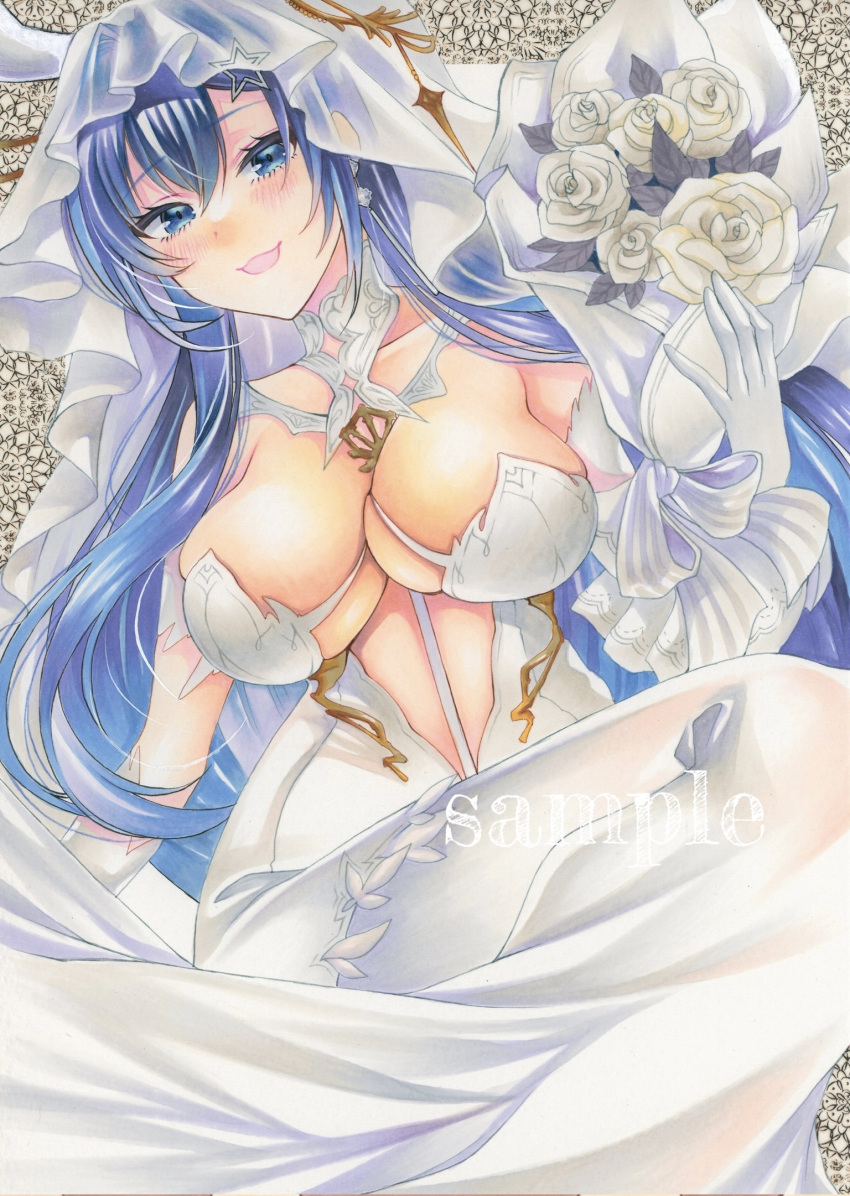1girl animal_ears azur_lane blue_eyes blue_hair bouquet breasts bridal_veil dress fake_animal_ears flower gloves highres large_breasts looking_at_viewer mitumame666 new_jersey_(azur_lane) new_jersey_(snow-white_ceremony)_(azur_lane) official_alternate_costume open_mouth rose solo traditional_media veil wedding_dress white_dress white_flower white_gloves white_rose