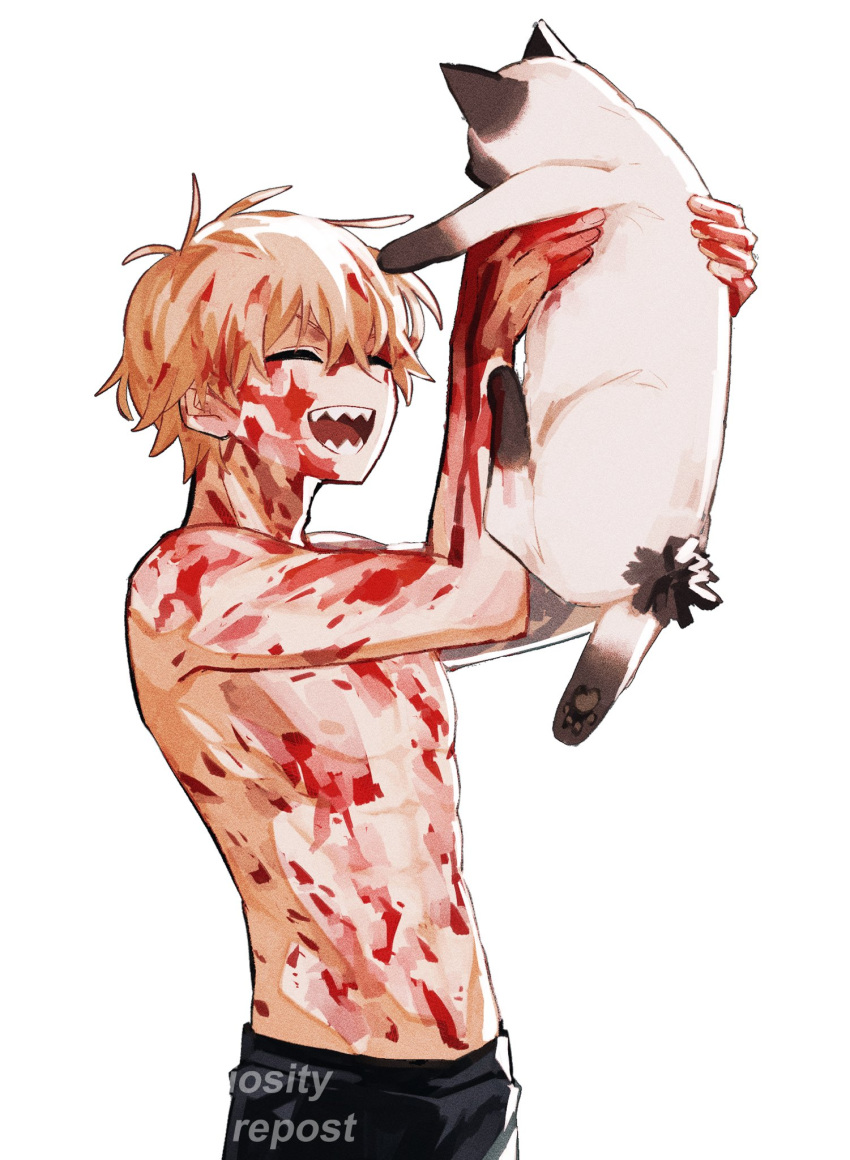 1boy 1other arm_up artist_name blonde_hair blood blood_on_chest blood_on_face blood_on_hands cat chainsaw_man claireiosity closed_eyes denji_(chainsaw_man) facing_another highres open_mouth sharp_teeth short_hair simple_background smile teeth topless_male white_background white_cat