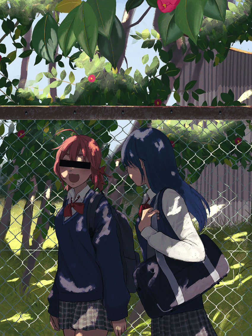 2girls :3 ahoge aruko_okara backpack bag bangs bar_censor blue_cardigan blue_hair bow bowtie cardigan censored chain-link_fence collared_shirt cowboy_shot dappled_sunlight day facing_away fence flower glasses hara_(onakaitai) highres identity_censor indie_virtual_youtuber light_blush long_hair looking_at_another low_twintails multiple_girls open_mouth outdoors pink_hair plaid plaid_skirt pleated_skirt red_bow red_bowtie red_flower school_bag school_uniform shirt short_eyebrows short_hair short_twintails skirt smile sunlight sweater_vest thick_eyebrows tokumei_radio tree twintails walking white_shirt zanko