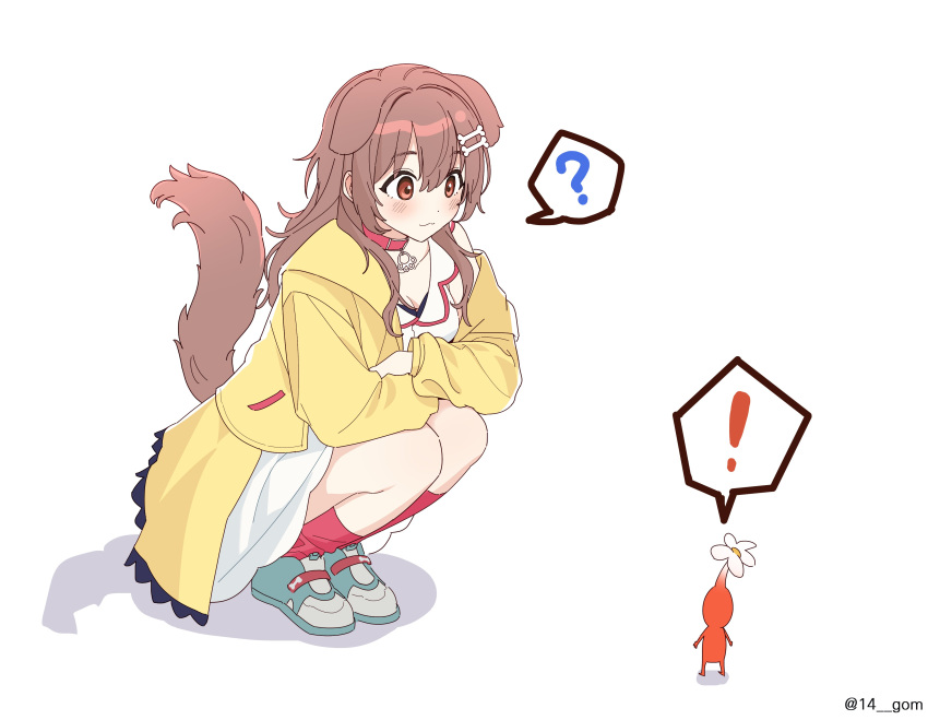 ! 14_(vision5032) 1girl ? absurdres alternate_hairstyle animal_ears blue_footwear blush bone_hair_ornament breasts brown_hair cleavage closed_mouth collar commentary crossed_arms crossover dog_ears dog_girl dog_tail dress english_commentary full_body hair_ornament highres hololive inugami_korone jacket knees_to_chest legs_together long_hair looking_at_another medium_breasts pikmin_(creature) pikmin_(series) red_collar red_eyes red_socks shadow shoes sidelocks simple_background sleeveless sleeveless_dress sneakers socks solo spoken_exclamation_mark spoken_question_mark squatting tail twitter_username virtual_youtuber white_background white_dress yellow_jacket