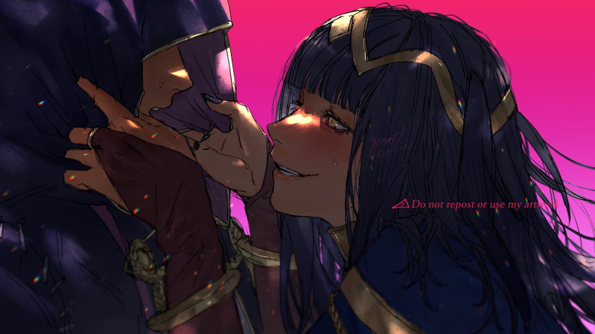 1boy 1girl 91007 black_hair black_nails bridal_gauntlets commentary fire_emblem fire_emblem_awakening grabbing gradient gradient_background highres hood hood_pull looking_at_another robin_(fire_emblem) robin_(male)_(fire_emblem) smile sweat symbol-only_commentary tharja_(fire_emblem) tiara yellow_eyes