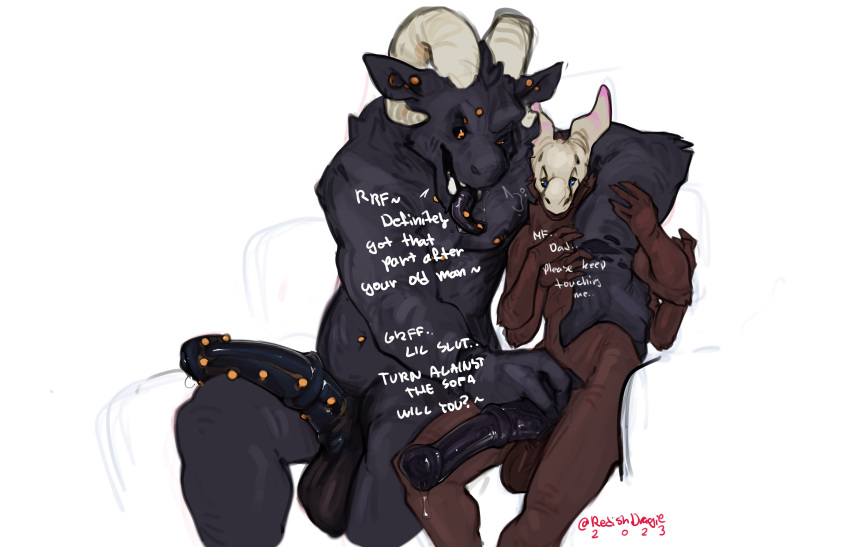 absurd_res anthro anthro_on_anthro black_body black_fur black_sclera blue_eyes bodily_fluids bone bovid brown_body brown_fur caprine claws curved_horn demon dialogue duo ear_piercing facial_piercing father father_and_child flared_penis fumus_(carbon-draws) fur genital_fluids genital_piercing genitals hi_res horn incest_(lore) larger_anthro male male/male mammal multi_arm multi_limb multum nose_piercing parent parent_and_child penis penis_piercing piercing redishdragie ridged_horn scales sex sheep sitting size_difference tuft yellow_eyes