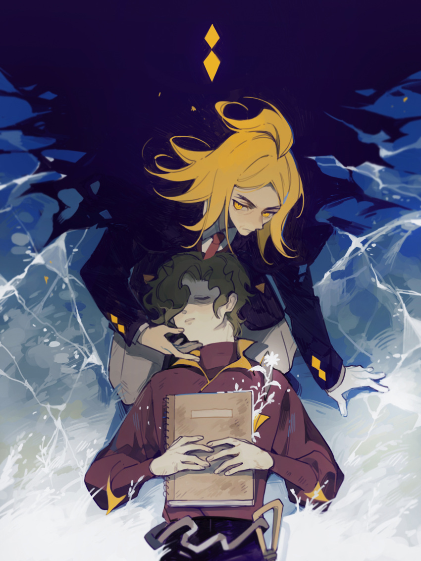 2boys bangs black_jacket black_pants blonde_hair brassius_(pokemon) closed_eyes closed_mouth collared_shirt commentary_request green_hair hair_over_one_eye hassel_(pokemon) highres holding jacket long_sleeves luminous_slime lying male_focus multiple_boys necktie on_back pants parted_lips pokemon pokemon_(game) pokemon_sv red_jacket red_necktie shirt short_hair white_shirt yellow_eyes