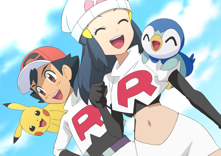 1boy 1girl :d ash_ketchum bangs beanie belt belt_buckle black_gloves black_hair brown_eyes buckle closed_eyes cloud commentary_request cosplay dawn_(pokemon) day elbow_gloves eyelashes gloves hainchu hair_ornament hairclip hat highres jacket jessie_(pokemon) jessie_(pokemon)_(cosplay) logo long_hair navel on_shoulder open_mouth outdoors pikachu piplup pokemon pokemon_(anime) pokemon_(creature) pokemon_dppt_(anime) pokemon_on_shoulder red_headwear short_hair skirt sky smile team_rocket team_rocket_uniform teeth tongue upper_teeth_only white_headwear white_jacket white_skirt