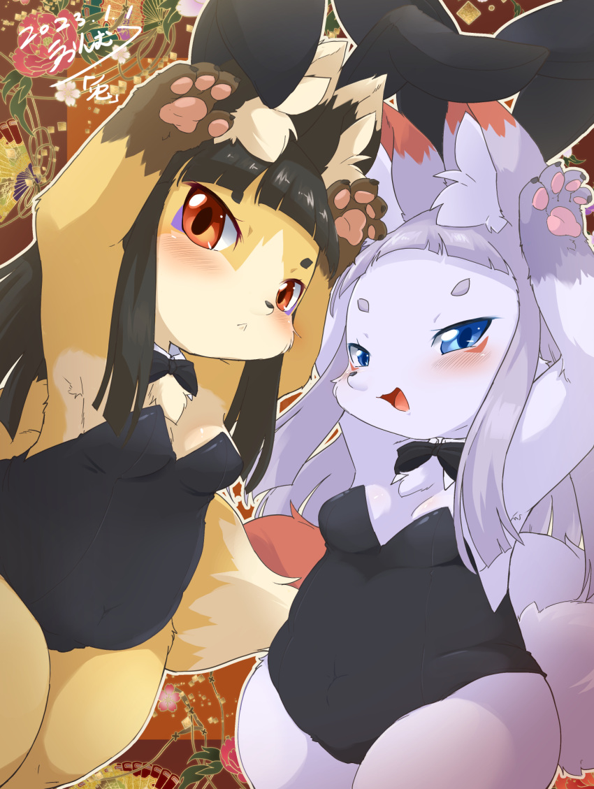 2023 :&lt; abstract_background alternate_version_at_source anthro black_hair blue_eyes bow_tie breasts bunny_costume bunny_ears_(gesture) canid canine cleavage clothed clothing costume duo fake_ears fake_rabbit_ears female fox fur gesture hair hi_res hime_cut holidays kemono leotard long_hair mammal mehajiki new_year new_year_2023 paws playboy_bunny red_eyes sakame_(ukan_muri) shirt_collar short_stack slightly_chubby small_breasts smile tsune-hime ukan_muri white_body white_fur white_hair wide_hips yellow_body yellow_fur