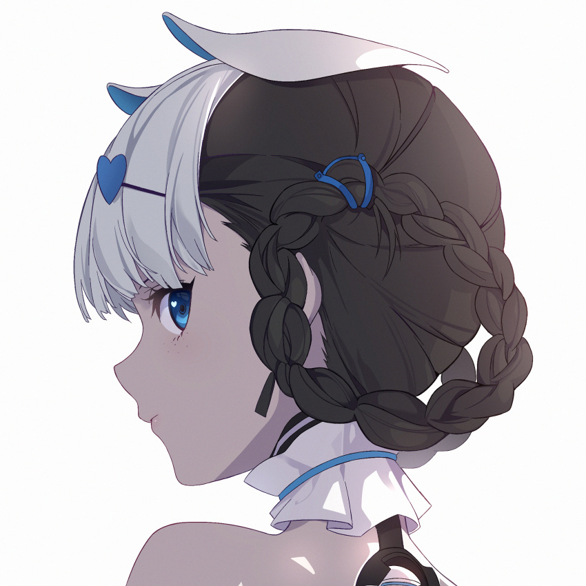 1girl absurdres black_hair blue_eyes bombinata_(punishing:_gray_raven) braid collar cyborg detached_collar from_behind hair_ornament hairclip highres lzypoipoi multicolored_hair punishing:_gray_raven two-tone_hair white_background white_collar white_hair