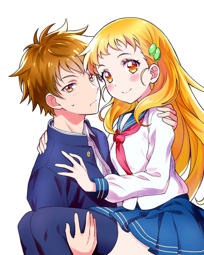 1boy 1girl amai_shirou blonde_hair blue_jacket blue_sailor_collar blue_skirt blue_thighhighs blush brown_eyes brown_hair carrying closed_mouth collared_shirt dress_shirt frown hair_ornament hairclip highres jacket kasugano_urara_(yes!_precure_5) kyoutsuugengo long_hair long_sleeves miniskirt neckerchief open_clothes open_jacket plaid plaid_skirt precure princess_carry red_neckerchief sailor_collar sailor_shirt school_uniform serafuku shirt short_hair simple_background skirt smile sweatdrop thighhighs very_long_hair white_background white_shirt wing_collar yes!_precure_5 zettai_ryouiki