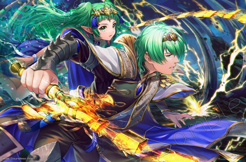 1boy 1girl artist_name bangs black_pants blue_cape blunt_bangs byleth_(fire_emblem) byleth_(male)_(fire_emblem) cape commentary commission english_commentary enlightened_byleth_(male) fire_emblem fire_emblem:_three_houses flaming_sword flaming_weapon floating floating_hair from_side gold_trim green_eyes green_hair hair_ornament high_collar holding holding_sword holding_weapon kaze-hime long_hair long_sleeves looking_away official_alternate_costume pants pointy_ears profile sample_watermark short_hair sothis_(fire_emblem) spikes sword sword_of_the_creator teeth tiara twintails two-tone_cape very_long_hair weapon white_cape