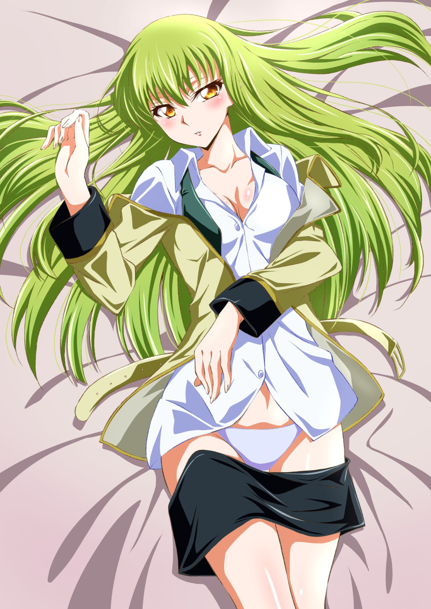 1girl bangs bed_sheet black_skirt blazer blush breasts c.c. cleavage clothes_pull code_geass collarbone collared_shirt dress_shirt from_above green_hair hair_between_eyes highres jacket long_hair long_sleeves looking_at_viewer lying medium_breasts miniskirt on_back open_clothes open_jacket panties parted_lips pencil_skirt shiny_skin shirt skirt skirt_pull solo straight_hair thigh_gap tsuji643163271 underwear very_long_hair white_panties white_shirt wing_collar yellow_eyes yellow_jacket