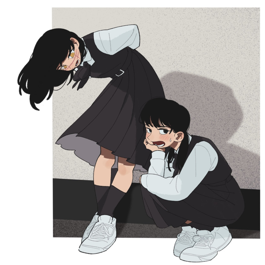2girls arms_behind_back black_hair black_ribbon black_socks blush chainsaw_man cross_scar dress head_rest highres hunched_over long_hair looking_at_another looking_to_the_side mitaka_asa multiple_girls neck_ribbon open_mouth pinafore_dress ribbon ringed_eyes scar scar_on_cheek scar_on_face socks squatting sweat ten_ten_10_10 twintails white_footwear yellow_eyes yoru_(chainsaw_man)