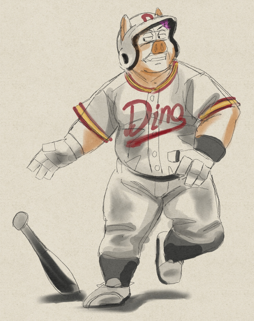 2023 anthro baseball_bat baseball_cap baseball_uniform bat_(object) bottomwear clothing domestic_pig hat headgear headwear hi_res humanoid_hands kamui_shirow kemono male mammal pants shirt slightly_chubby solo sportswear suid suina sus_(pig) topwear uniform