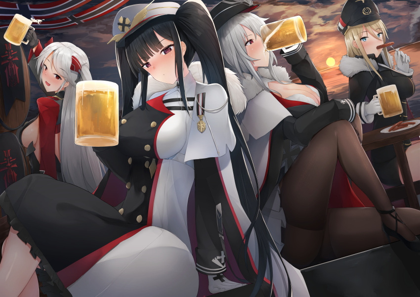 4girls absurdres alcohol azur_lane barrel beer beer_mug bismarck_(azur_lane) black_coat black_gloves black_hair black_headwear black_jacket blonde_hair blue_eyes blush bra bra_peek breasts brown_pantyhose buttons cape capelet cleavage coat cross cup double-breasted drinking drunk from_side full-face_blush fur-trimmed_cape fur_trim gloves graf_zeppelin_(azur_lane) grey_hair hat highres holding holding_cup iron_blood_(emblem) iron_cross jacket large_breasts long_hair long_sleeves looking_at_viewer medium_breasts military military_uniform miniskirt mug multiple_girls nori_aji pantyhose peaked_cap peter_strasser_(azur_lane) pleated_skirt prinz_eugen_(azur_lane) red_eyes sideboob sitting skirt sunset twintails two-tone_coat underwear uniform very_long_hair white_bra white_capelet white_coat white_gloves white_hair white_headwear white_skirt