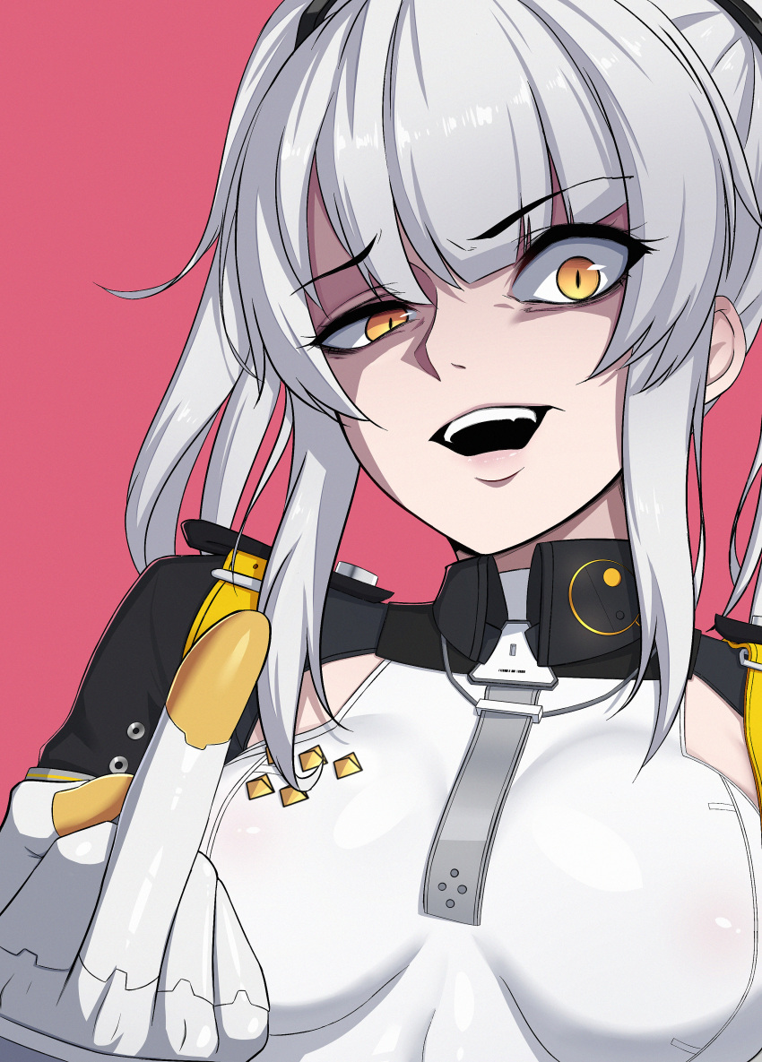 1girl absurdres breasts disgust gloves grey_hair highres karenina_(punishing:_gray_raven) lzypoipoi medium_breasts medium_hair middle_finger open_mouth orange_eyes punishing:_gray_raven red_background shaded_face sidelocks teeth two_side_up upper_teeth_only white_gloves