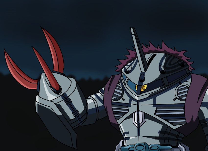 claws commentary_request cosplay gundam highres kamado_tanjirou kamado_tanjirou_(cosplay) kimetsu_no_yaiba mecha mecha_focus mobile_suit mobile_suit_gundam no_humans one-eyed parody reprilo_channel robot science_fiction short_hair standing weapon zeon zock