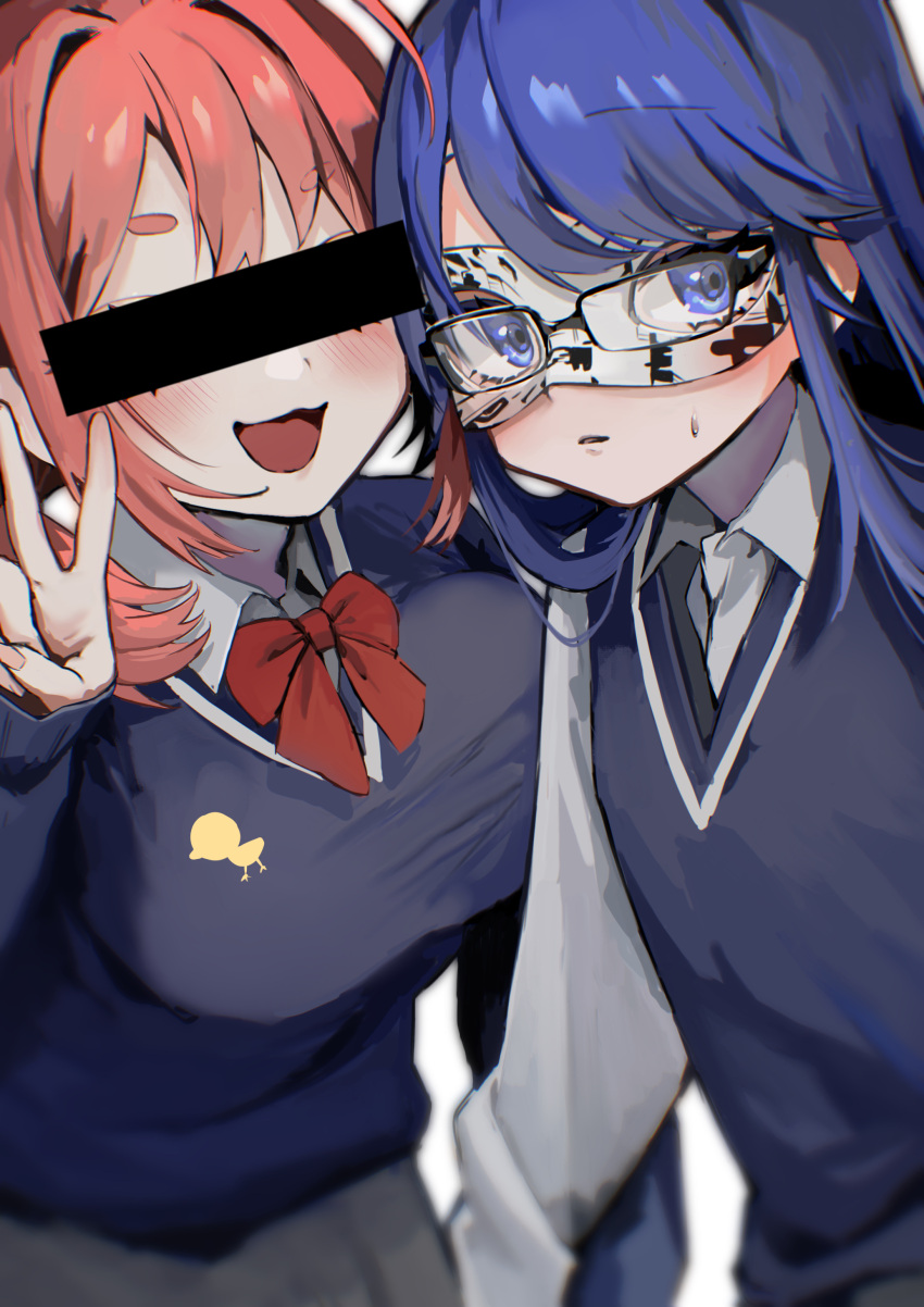 2girls :3 absurdres ahoge aruko_okara bangs bar_censor blue_cardigan blue_eyes blue_hair blue_sweater_vest blurry blush breast_press breasts cardigan censored collared_shirt depth_of_field domino_mask duck_print flat_chest glasses highres identity_censor indie_virtual_youtuber large_breasts long_sleeves looking_at_viewer low_twintails mask multiple_girls open_mouth parted_lips pink_hair shirt short_eyebrows short_twintails simple_background smile sweatdrop sweater_vest swept_bangs thick_eyebrows tokumei_radio twintails upper_body v white_background white_shirt yashiro_(nsaf2544) zanko