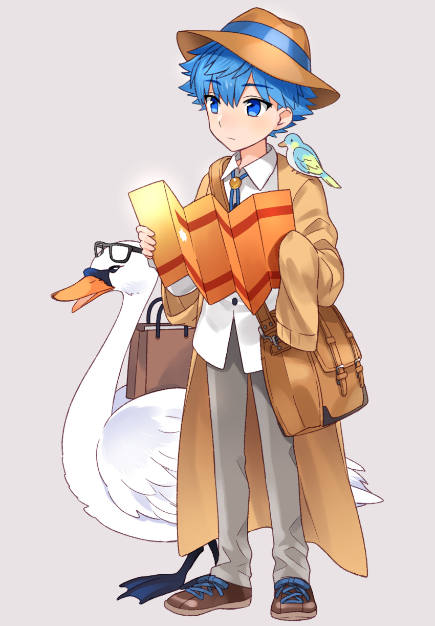 1boy absurdres animal animal_on_shoulder bird bird_on_shoulder blue_eyes blue_hair fate/grand_order fate_(series) grey_background hans_christian_andersen_(fate) hat highres long_sleeves oversized_clothes simple_background sleeves_past_fingers sleeves_past_wrists swan trench_coat xacco