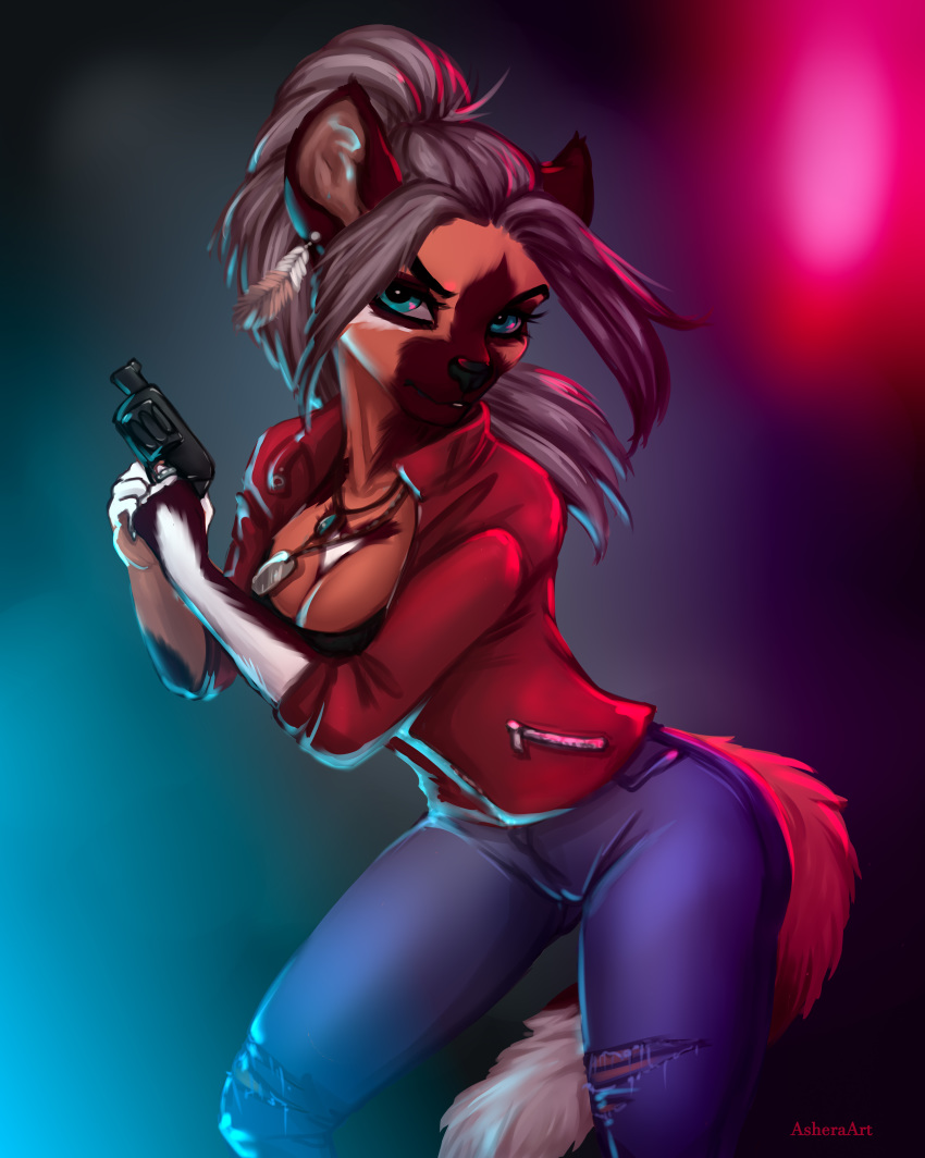 anthro asheraart blue_eyes breasts canid canine canis capcom claire_redfield cleavage clothed clothing female gun jacket mammal pants ranged_weapon resident_evil solo video_games weapon wolf