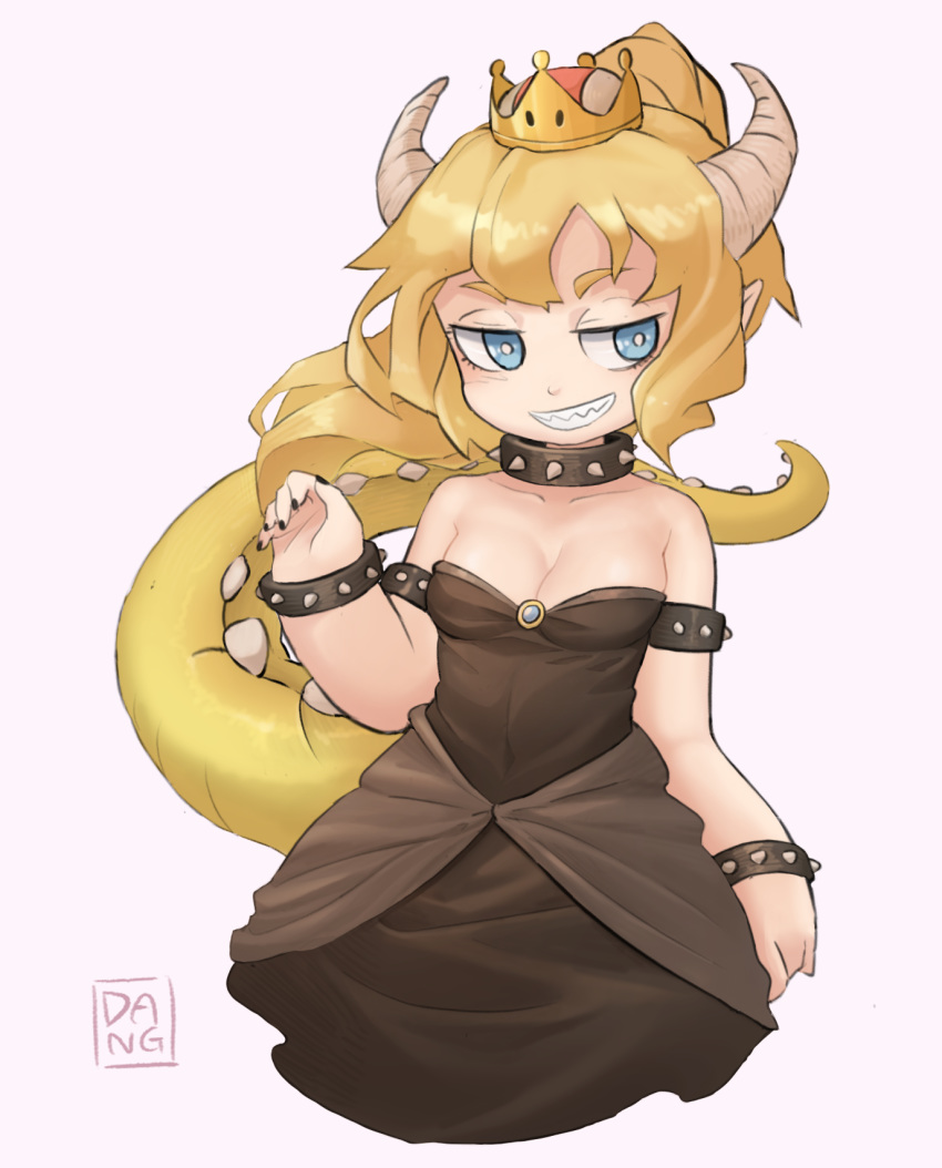 1girl black_dress black_nails blonde_hair bowsette breasts cleavage collar crown dang_chen dress eyebrows grin highres horns long_dress mario_(series) nail_polish new_super_mario_bros._u_deluxe nintendo pointy_ears sharp_teeth small_breasts smile solo spiked_armlet spiked_collar spiked_tail spikes strapless strapless_dress super_crown super_mario_bros. tail teeth wide_hips