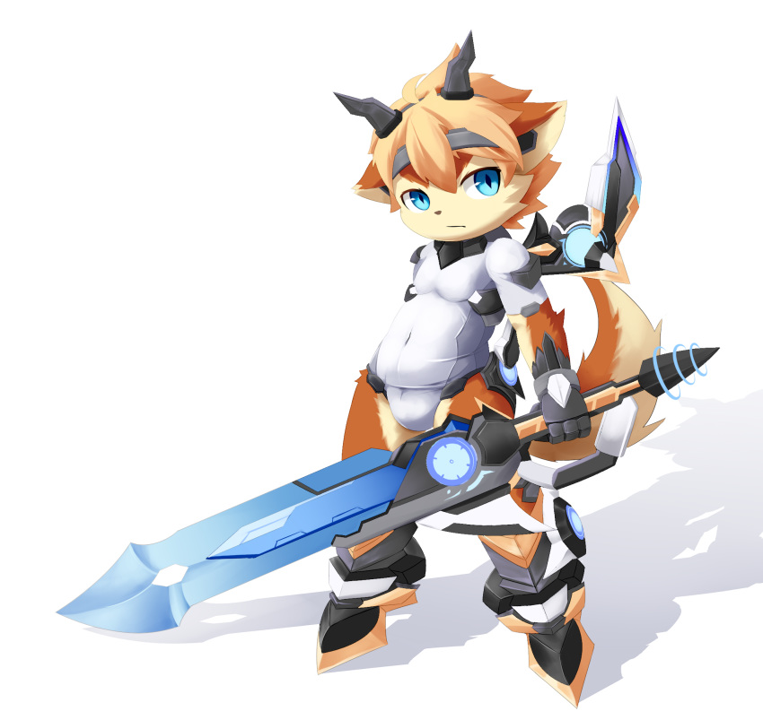 2016 blue_eyes canid canine clothing looking_at_viewer male mammal melee_weapon navel rann simple_background solo sword tight_clothing weapon white_background young