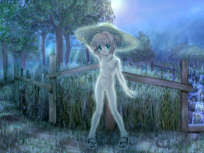 card_captor_sakura glowing hat kinomoto_sakura lens_flare moonknives mutsuki_(moonknives) night no_nipples nude sandals straw_hat