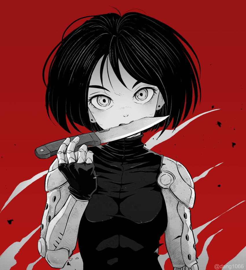 1girl bob_cut bodysuit breasts combat_knife cyberpunk cyborg dang_chen earrings fingerless_gloves gally gloves gunnm head_tilt highres jewelry knife looking_at_viewer mechanical_arms medium_breasts monochrome mouth_hold red_background short_hair skin_tight sleeveless sleeveless_bodysuit solo stud_earrings twitter_username weapon