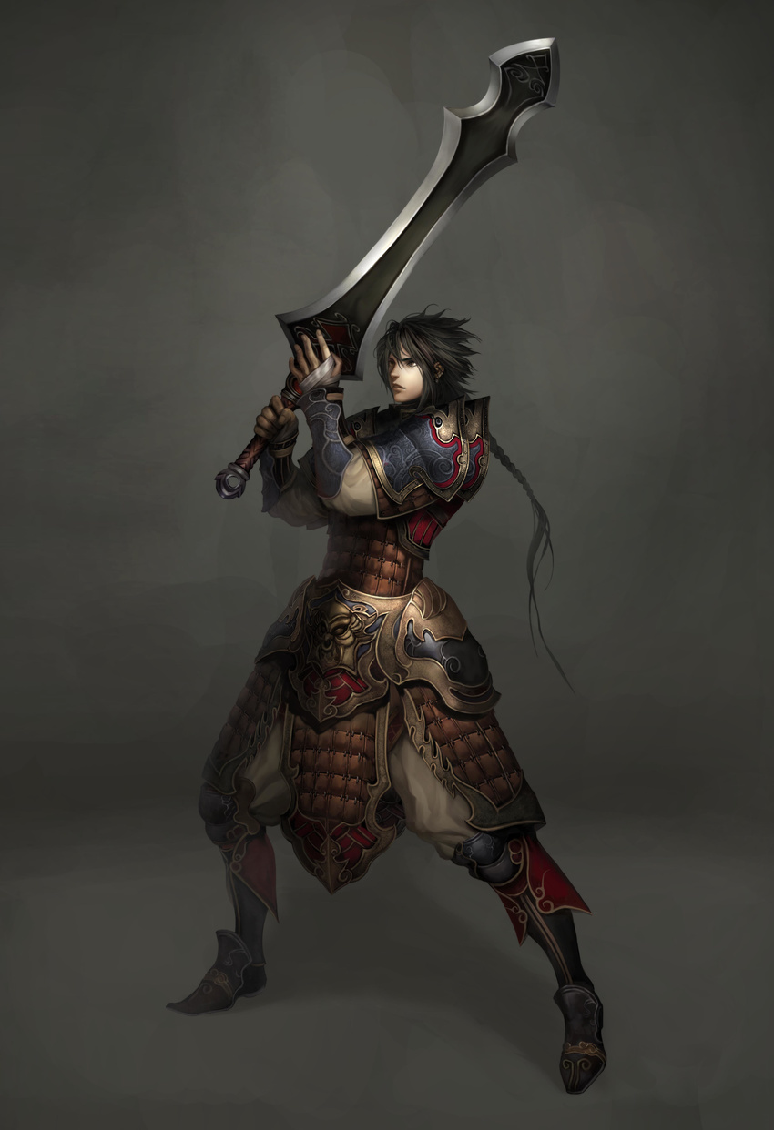 absurdres armor atlantica_online black_hair braid highres long_hair sword swordsman weapon