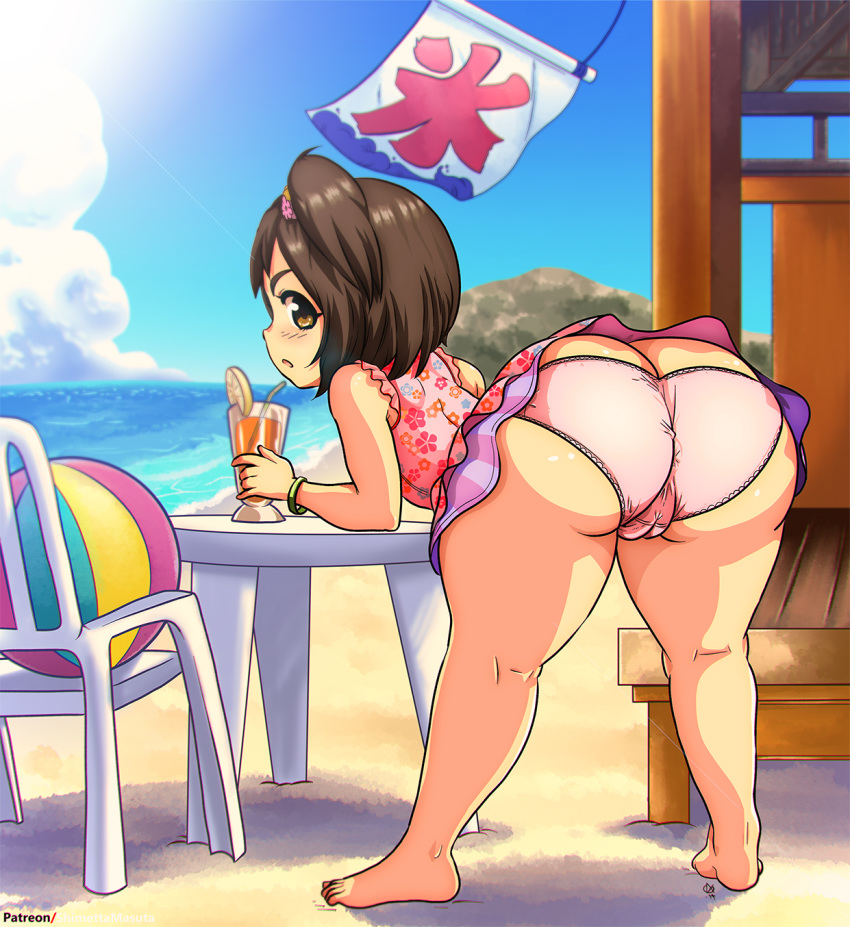 1girl ass bare_arms bare_legs bare_shoulders beach_ball bent_over blue_sky butt_crack cameltoe chair cloud cloudy_sky day female food fruit glass huge_ass idolmaster idolmaster_cinderella_girls legs_apart looking_at_viewer looking_back open_mouth outdoors panties pink_panties shimetta_masuta sideways_mouth skirt sky solo straw table thighs underwear yanase_miyuki