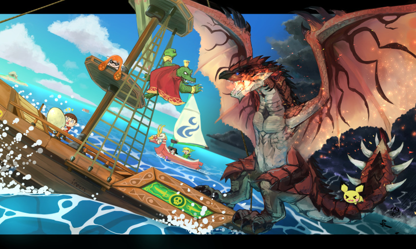 1girl 2boy bird boat box capcom cardboard_box claws creatures_(company) dog dog_(duck_hunt) donkey_kong_(series) donkey_kong_country doubutsu_no_mori dragon duck duck_(duck_hunt) duck_hunt egg fire game_&amp;_watch game_freak gen_2_pokemon giant_monster highres inkling ippers king_k._rool konami lightning link mast metal_gear_(series) metal_gear_solid monster_hunter mr._game_&amp;_watch nintendo ocean open_mouth pichu pokemon rathalos sail ship spiked_tail splatoon_(series) storm_cloud super_smash_bros. super_smash_bros._ultimate tail the_legend_of_zelda the_legend_of_zelda:_the_wind_waker toon_link water watercraft wings