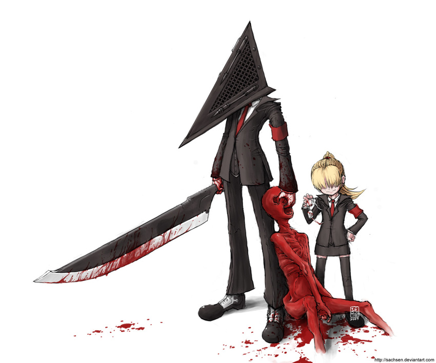 1girl armband blonde_hair blood child death father_and_daughter formal glasses guro hair_over_face helmet j-e-m-g knife laura_(silent_hill) necktie ponytail pyramid_head scrunchie shoes silent_hill silent_hill_(movie) silent_hill_2 skeleton suit