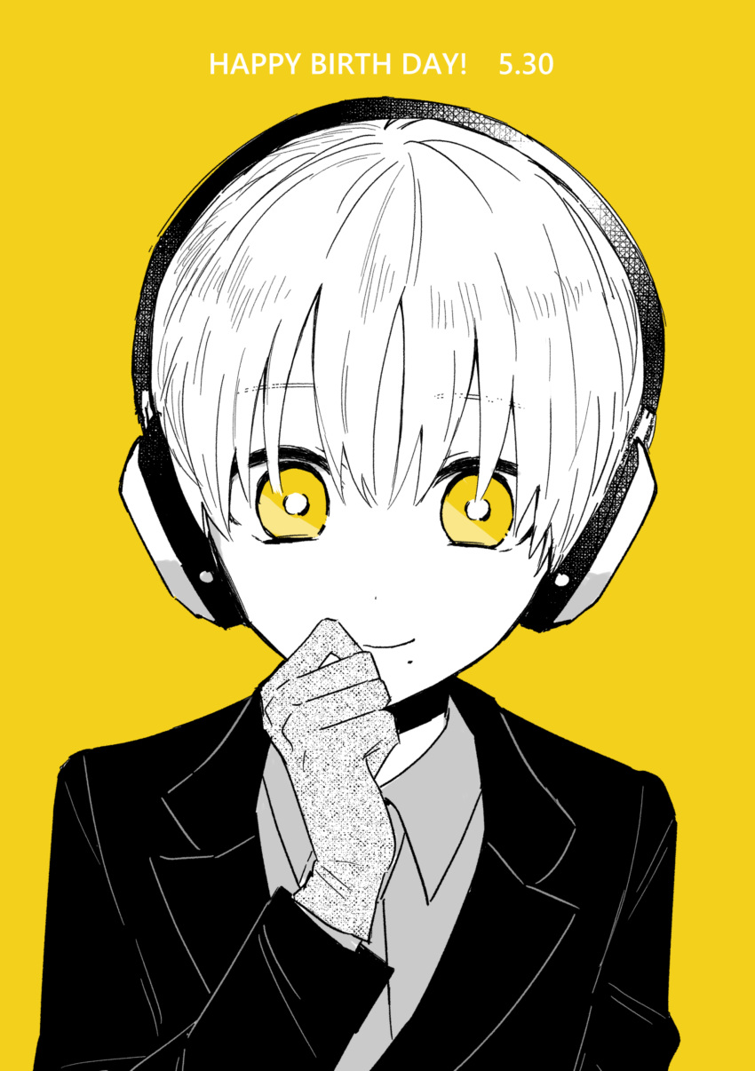 1boy absurdres bangs child commentary commentary_request formal gloves happy_birthday headphones highres kemono_jihen kurigohan626 long_sleeves looking_at_viewer male_child male_focus mole mole_under_mouth necktie nowaki_homuramaru simple_background smile solo suit yellow_background yellow_eyes