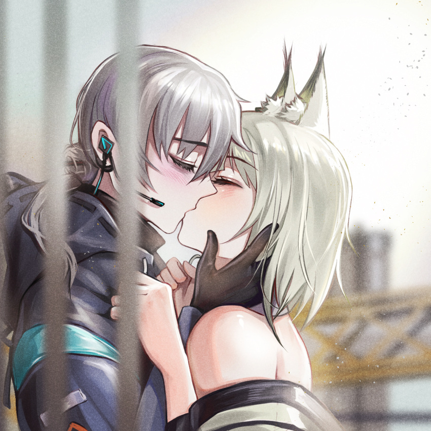 1boy 1girl animal_ear_fluff animal_ears arknights bare_shoulders black_coat black_gloves blush cat_ears closed_eyes coat day doctor_(arknights) french_kiss from_side gloves grey_hair hairtail hand_on_another's_cheek hand_on_another's_face headset hetero highres hood hood_down hooded_coat kal'tsit_(arknights) kiss long_hair long_sleeves male_doctor_(arknights) outdoors ponytail short_hair upper_body