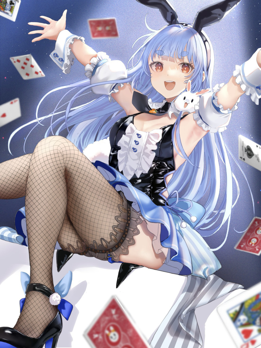 1girl :d animal_ears arm_garter armpits bangs black_footwear black_hairband black_leotard black_necktie blue_hair blue_skirt blunt_bangs blush breasts brown_thighhighs bunny-shaped_pupils card cleavage commentary detached_collar don-chan_(usada_pekora) fake_animal_ears falling_card fishnet_thighhighs fishnets foot_out_of_frame frilled_skirt frills garter_straps hairband high_heels highres hololive latex leotard light_blue_hair long_hair looking_at_viewer medium_breasts miniskirt mishimahachi necktie official_alternate_costume open_hand open_mouth outstretched_arms playboy_bunny playing_card rabbit_ears red_eyes sitting skirt smile solo spotlight symbol-shaped_pupils thick_eyebrows thighhighs usada_pekora virtual_youtuber wrist_cuffs
