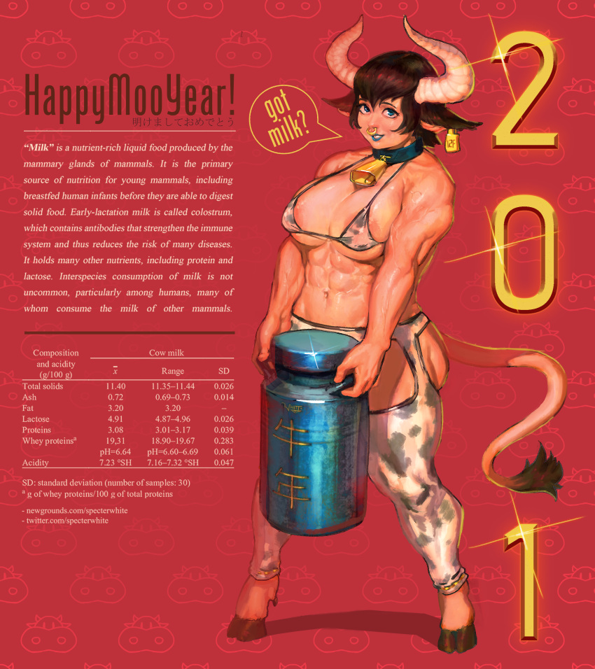 1girl abs absurdres animal_ears animal_print bell blue_eyes blue_lips bra breasts brown_hair chinese_zodiac cow_ears cow_girl cow_horns cow_print cow_tail cowbell english_commentary english_text got_milk? grin highres holding hooves horns milk_churn muscular muscular_female navel neck_bell nose_piercing nose_ring original piercing print_bra red_background simple_background smile solo specterwhite speech_bubble tail underwear web_address year_of_the_ox