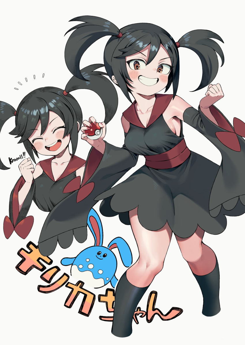 1girl :d azumarill bangs bare_shoulders black_hair black_socks blush breasts brown_eyes closed_eyes commentary_request detached_sleeves furisode_girl_kali grin hands_up highres holding holding_poke_ball iroyopon japanese_clothes kimono kneehighs knees open_mouth poke_ball poke_ball_(basic) pokemon pokemon_(game) pokemon_xy smile socks teeth tongue two_side_up upper_teeth_only w_arms white_background wide_sleeves