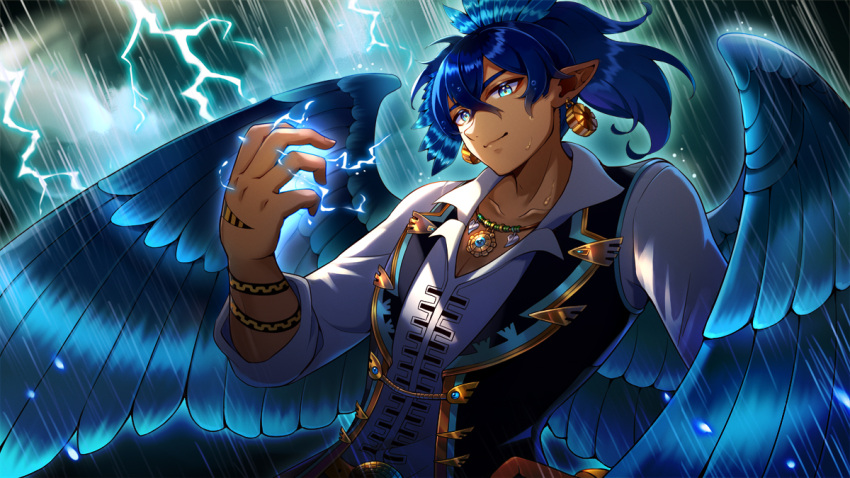 1boy 60mai bangs bird_wings blue_eyes blue_hair blue_wings closed_mouth commission dyseal earrings indie_virtual_youtuber jewelry lightning looking_at_viewer male_focus medium_hair outdoors pendant pointy_ears rain skeb_commission sky smile solo upper_body virtual_youtuber wings