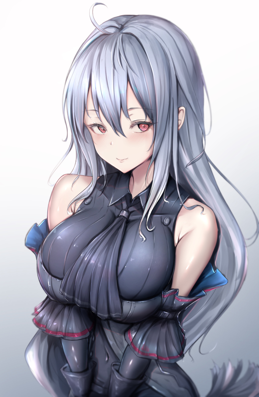1girl absurdres arknights ascot bangs bare_shoulders black_ascot black_gloves blush breasts closed_mouth covered_navel detached_sleeves elbow_gloves gloves gradient gradient_background grey_background grey_hair highres impossible_clothes large_breasts long_hair poni_(poni_arknights) red_eyes skadi_(arknights) smile solo very_long_hair
