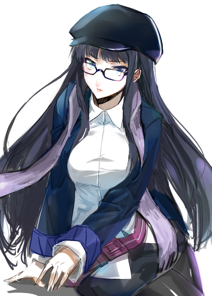 1girl black_hair blazer blue_eyes blue_jacket glasses hat highres jacket long_hair looking_at_viewer razu_(rus) shirt skirt solo touma_kazusa white_album_2 white_shirt winter