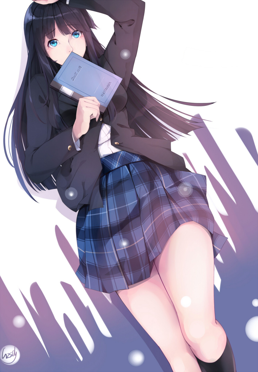 1girl black_hair blue_eyes book gzsd highres holding holding_book long_hair school_uniform skirt thighs touma_kazusa white_album_2