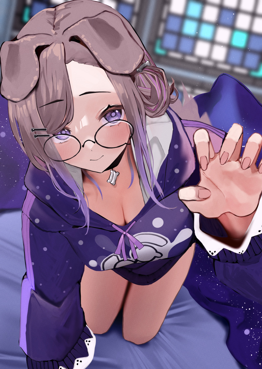1girl absurdres all_fours animal_ears bangs black_choker blurry blush bone_hair_ornament breasts brown_hair choker claw_pose cleavage closed_mouth collarbone commentary_request commission depth_of_field dog_ears dog_girl glasses gradient_hair hair_ornament hairpin hand_up highres hood hood_down hoodie indie_virtual_youtuber indoors kemomimi_refle! komae_nadeshiko large_breasts long_sleeves looking_at_viewer multicolored_hair oreazu partial_commentary purple_eyes purple_hair purple_hoodie purple_ribbon ribbon rimless_eyewear skeb_commission solo swept_bangs tail upturned_eyes virtual_youtuber