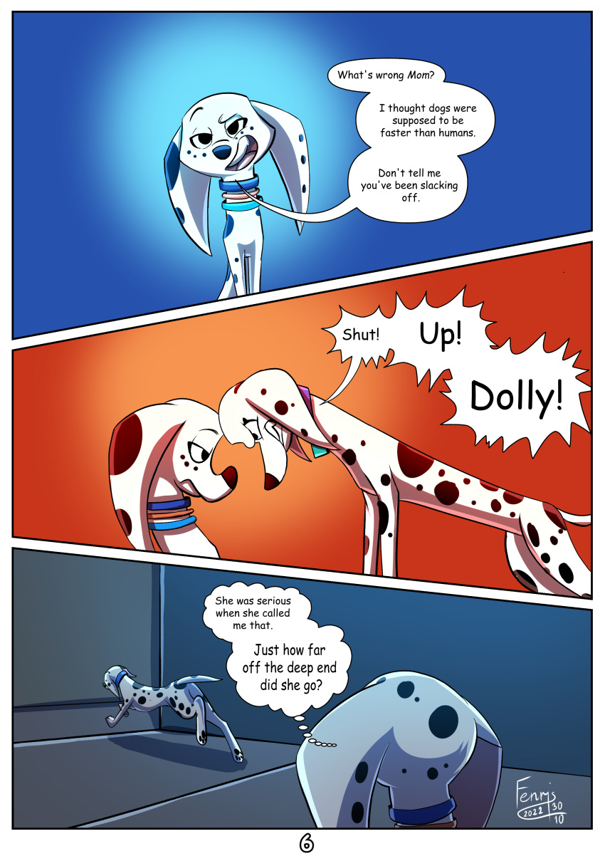 101_dalmatian_street 101_dalmatians absurd_res alley angry black_eyes black_pawpads canid canine canis clenched_teeth collar comic confident dalmatian delilah_(101_dalmatians) delilah_(the_succubus_hunt) demon disney dolly_(101_dalmatians) domestic_dog doppleganger duo female fenris64 feral floppy_ears fur hi_res leader_(the_succubus_hunt) mammal mocking pawpads paws running small_tail smile smug spots spotted_body spotted_fur succubus tail teeth the_succubus_hunt toonkind toony unimpressed