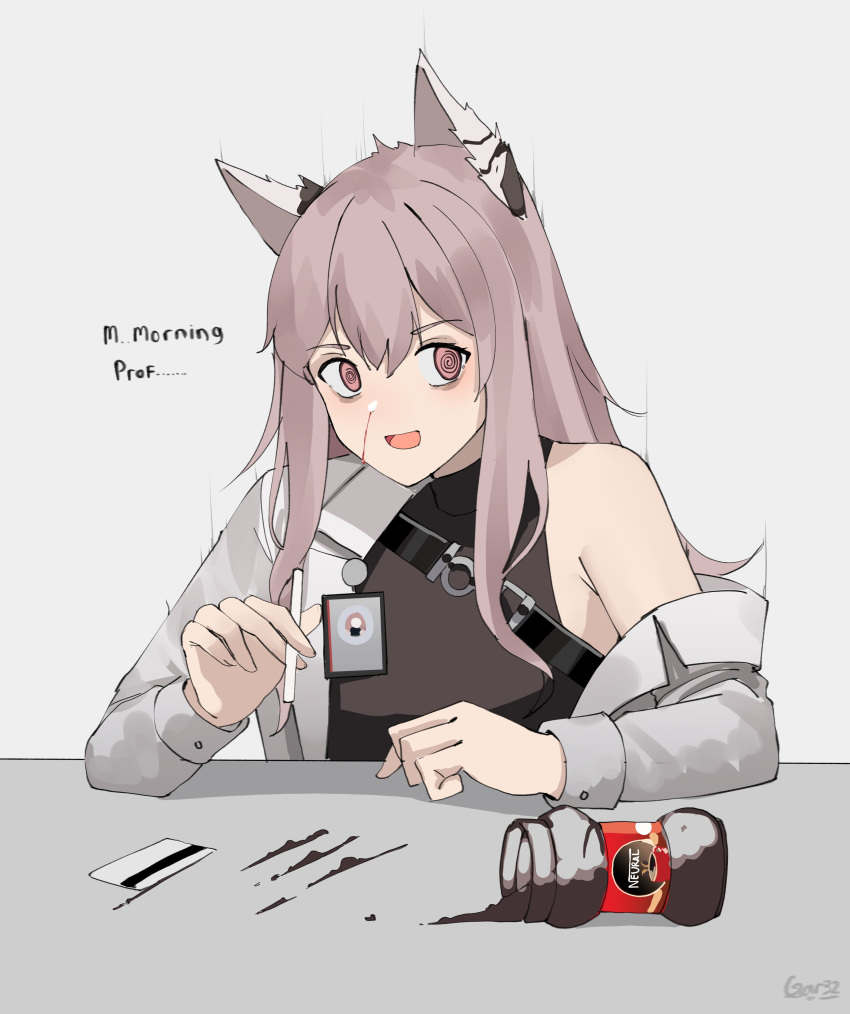 1girl :d @_@ absurdres animal_ears bags_under_eyes blood coffee credit_card drinking_straw english_text gar32 girls'_frontline girls'_frontline_neural_cloud grey_background hair_between_eyes highres holding_straw id_card labcoat long_hair nescafe nosebleed off_shoulder open_mouth persicaria_(girls'_frontline_nc) pink_eyes pink_hair signature simple_background single_bare_shoulder smile snorting solo sweater_vest upper_body