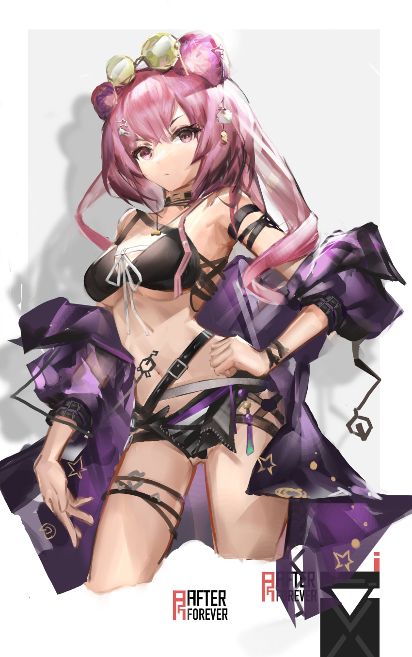 1girl absurdres afterforever animal_ears arknights armlet artist_name ass_visible_through_thighs bare_shoulders bikini black_bikini breasts closed_mouth cropped_legs eyewear_on_head green-tinted_eyewear hand_on_hip highres jacket jewelry lin_yuhsia_(arknights) long_hair long_sleeves looking_at_viewer medium_breasts mouse_ears navel necklace official_alternate_costume open_clothes open_fly open_jacket pink_hair purple_eyes purple_jacket solo sunglasses swimsuit tinted_eyewear underboob unzipped