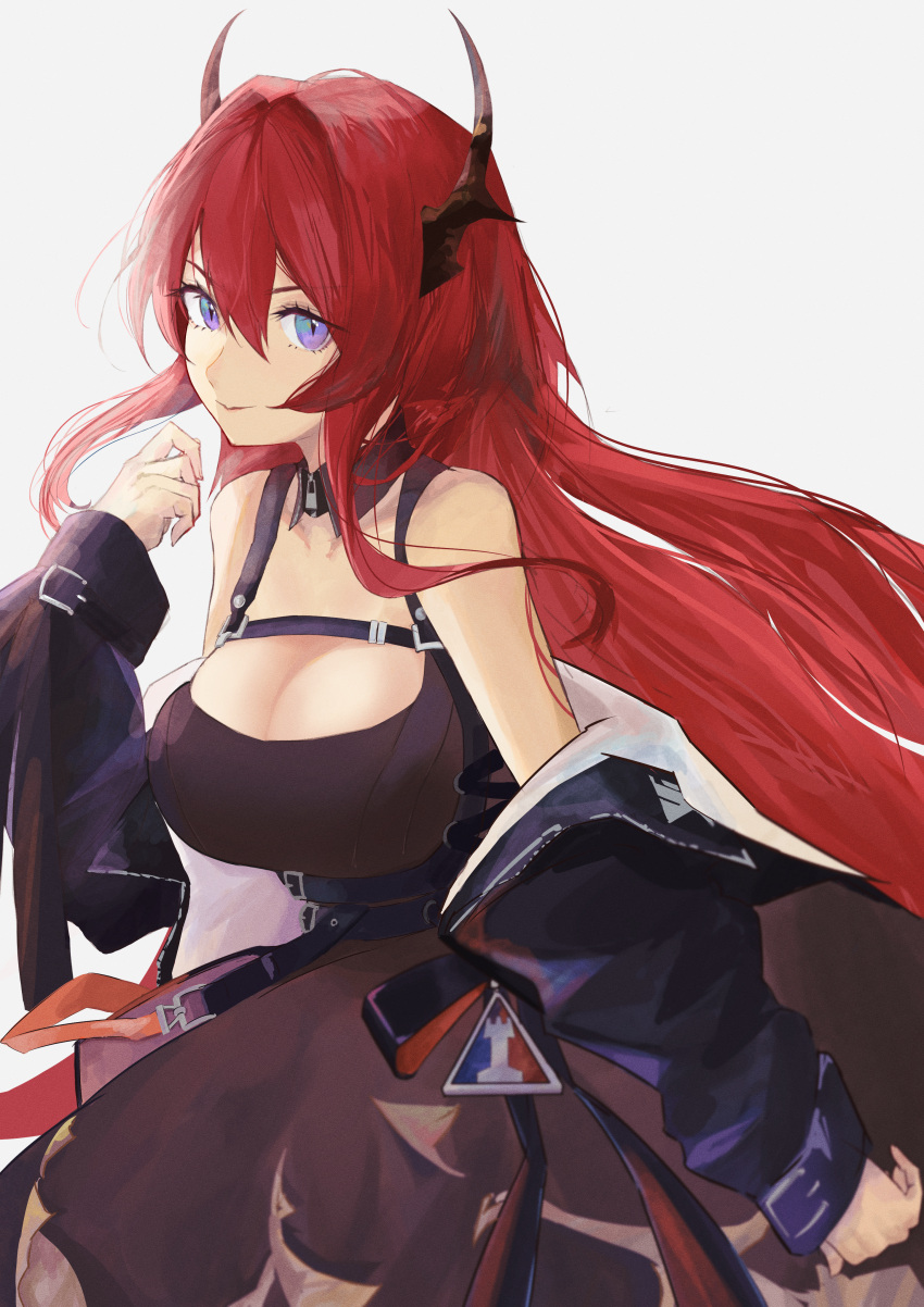 1girl absurdres arknights bangs bare_shoulders black_dress black_jacket breasts cleavage closed_mouth cowboy_shot detached_collar dress hair_intakes highres horns hrk_(dxez4457) jacket large_breasts long_hair looking_at_viewer off_shoulder open_clothes open_jacket purple_eyes red_hair simple_background smile solo surtr_(arknights) very_long_hair white_background