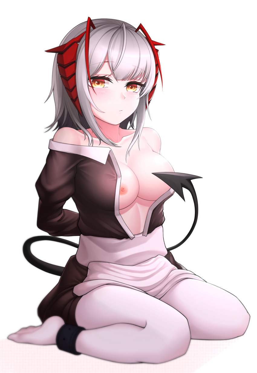 1girl absurdres alternate_costume ankle_cuffs antenna_hair apron arknights arms_behind_back bare_shoulders black_dress blush breasts breasts_out closed_mouth collarbone covering covering_one_breast da39123 demon_girl demon_horns demon_tail dress enmaided full_body grey_hair highres horns large_breasts long_sleeves looking_at_viewer maid multicolored_hair nipples no_bra off_shoulder open_clothes open_dress panties red_hair short_hair sitting solo tail two-tone_hair underwear w_(arknights) waist_apron wariza white_apron white_panties yellow_eyes