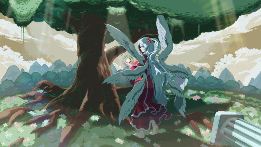 absurdres barefoot bush capelet dress energy_ball feathered_wings from_behind grass grey_eyes hair_bobbles hair_ornament highres light_rays long_hair looking_at_viewer nukekip pixel_art red_dress shinki_(touhou) touhou touhou_(pc-98) tree white_hair wings
